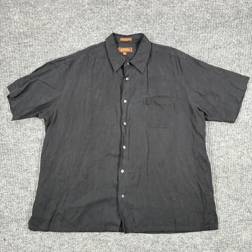 Tasso Elba Mens Button Front Camp Shirt Size 2XL Black Silk Linen Short Sleeve
